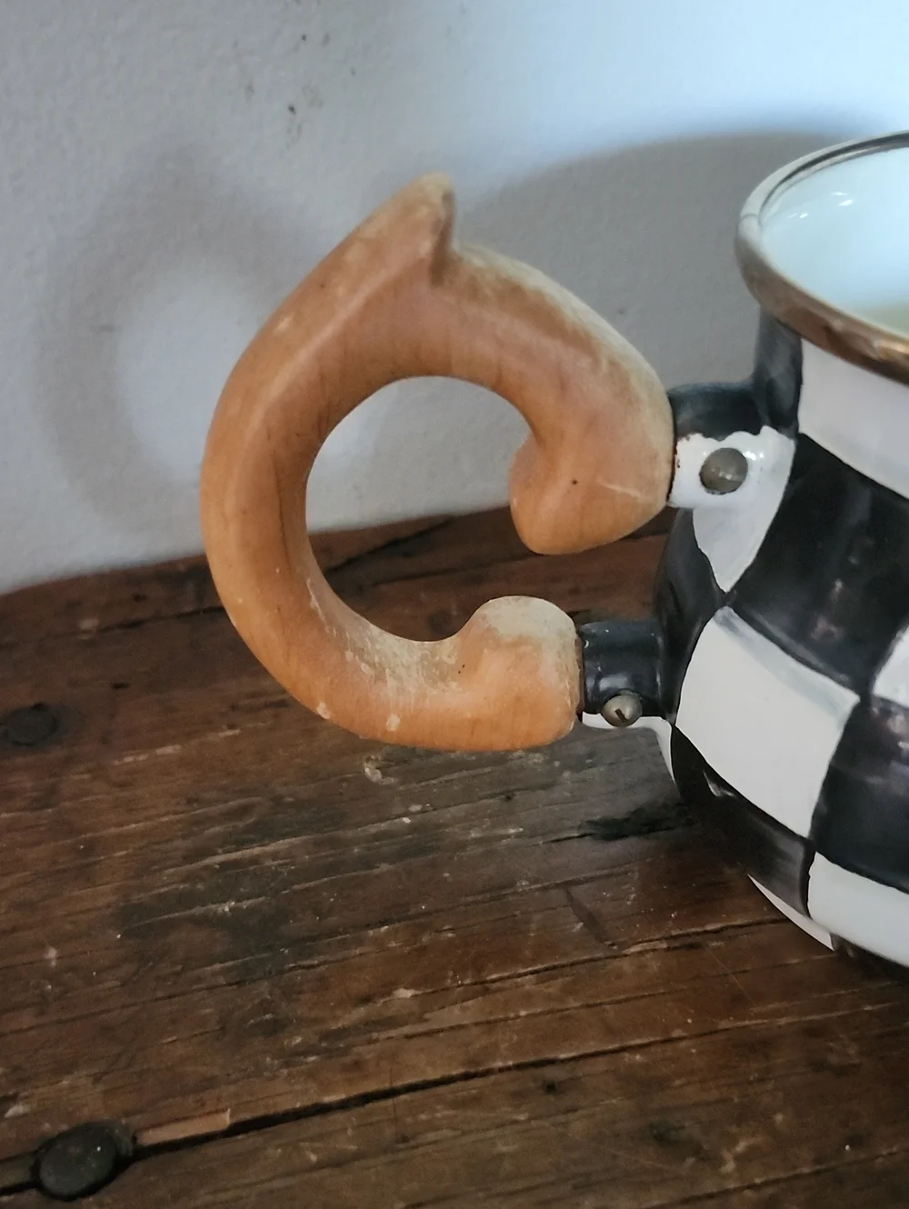 Mackenzie Childs Courtly Check Enamel Creamer With Wooden Handle
